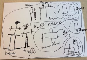 En teckning med många figurer gjorda av barn.
