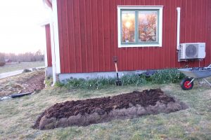 Bild på fasaden med gräsmatta nedanför och en odlingsbädd nyanlagd i marken.