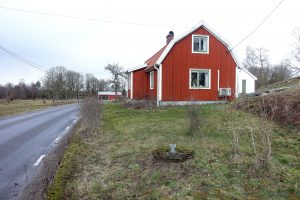 En skruttig gräsmatta framför en röd liten stuga.