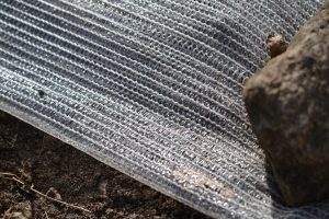 En nät-liknande duk lagd på jorden.