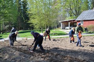 Människor samlade vid en plöjd åker.