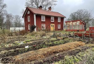 Ett rött hus med vissen trädgård framför.