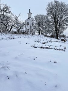 En snötäckt köksträdgård med en kyrka och stora träd i bakgrunden.